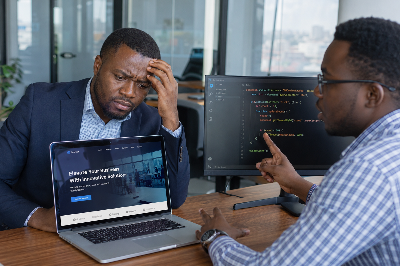 business-owner-reviewing-website-with-developer Business owner reviewing a website on a laptop while a developer explains the underlying code on a computer screen.