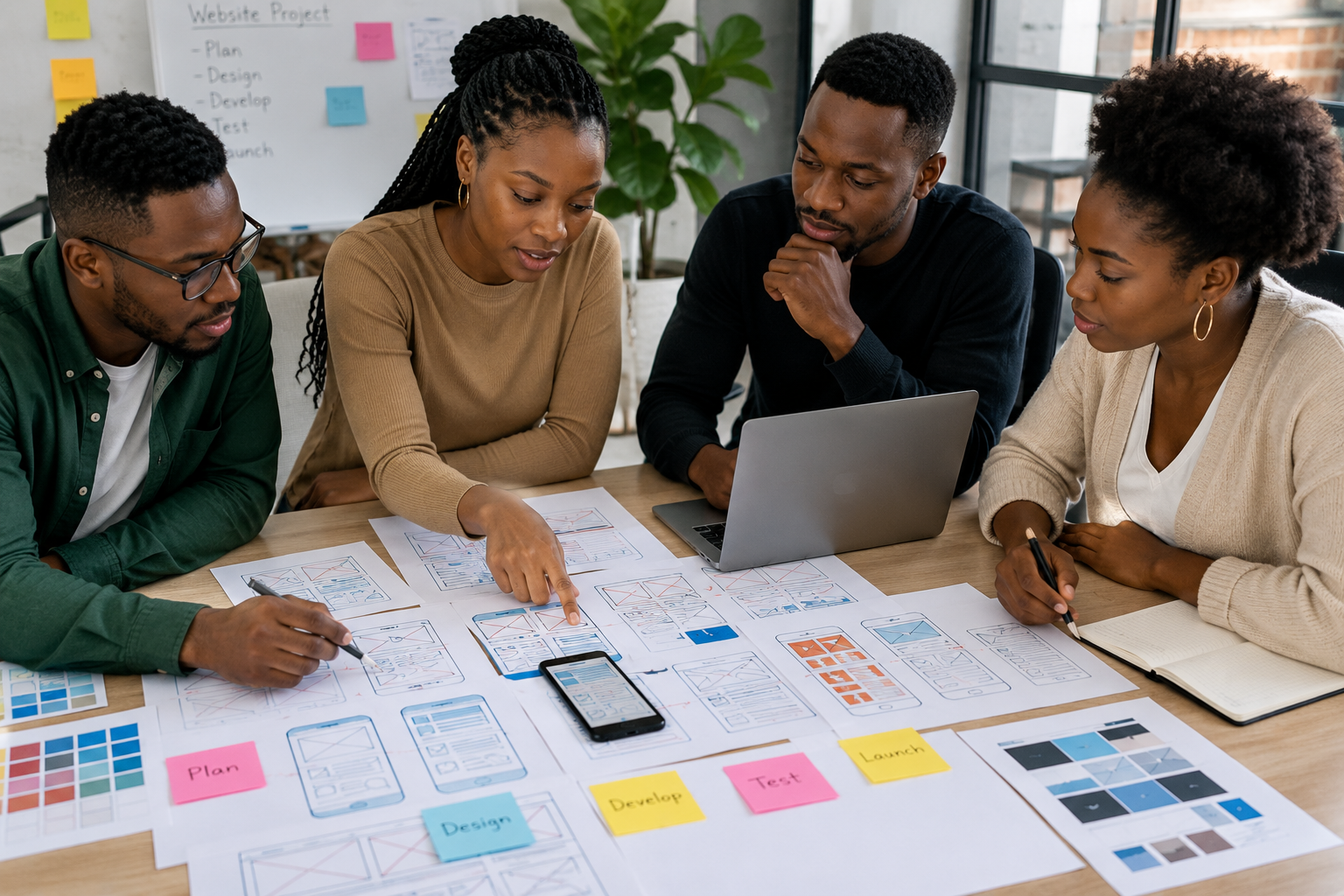 website-planning-and-wireframing-process A team of web designers and developers in Kenya reviewing website wireframes and project planning stages — Plan, Design, Develop, Test, Launch