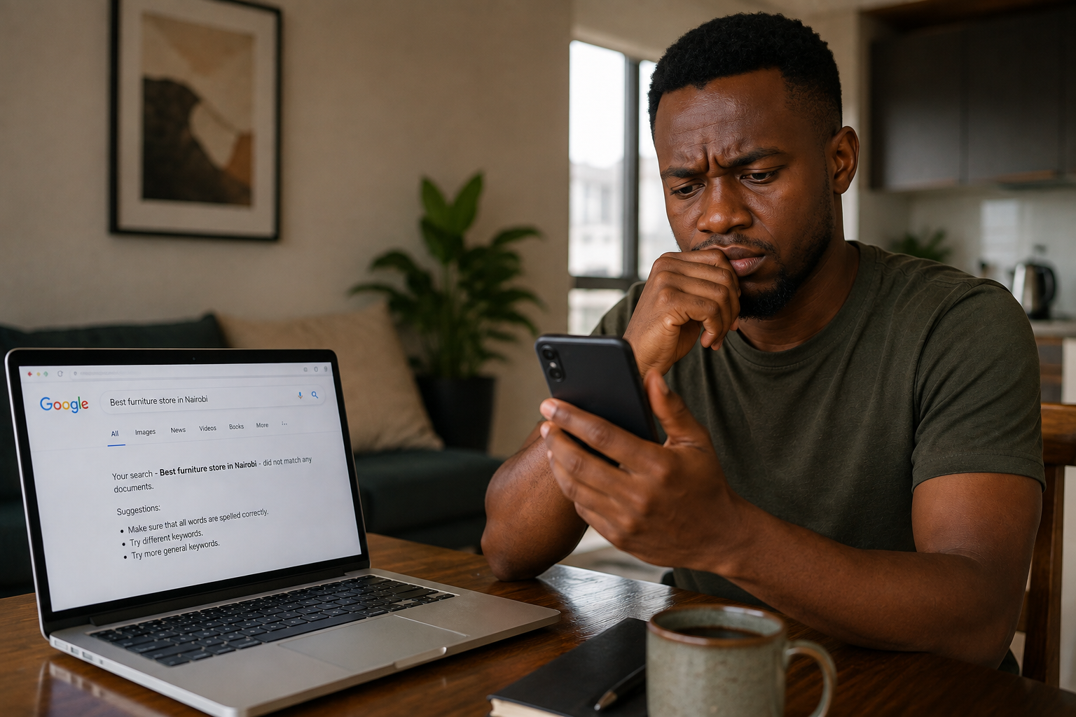 A potential client searching a business name with no online presence and doubts transaction with business